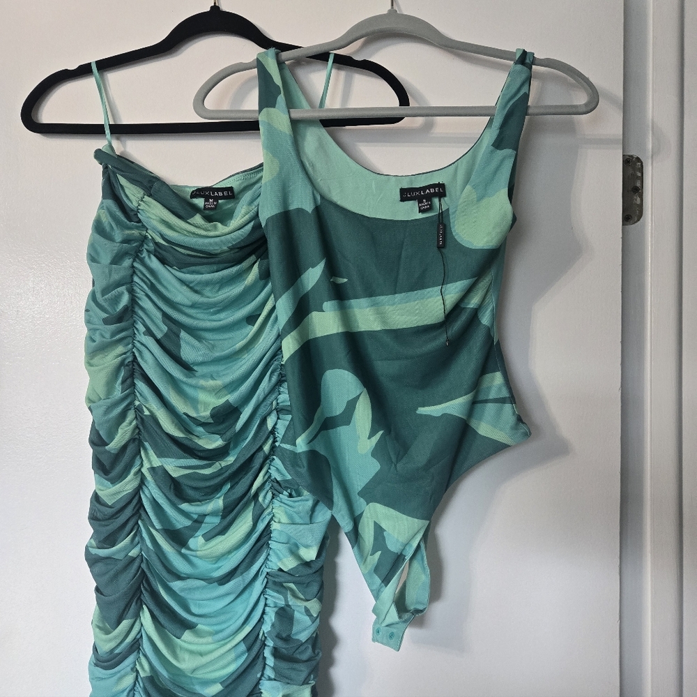 Jluxlabel Green Camouflage Women Skirt Set Nwot Bodysuit Small, Skirt Medium.